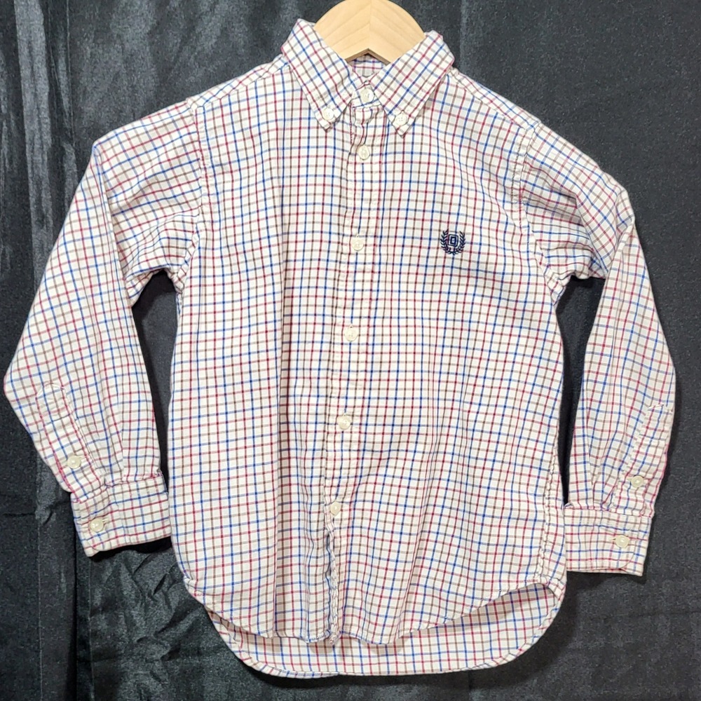 Chaps Boys White Red Blue Plaid Button Down Long Sleeve Cotton Shirt Size 6